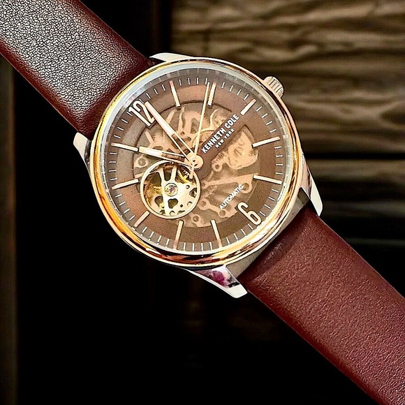 Kenneth Cole NY Auto Skeleton Leather Strap Watch - Picture 1 of 13